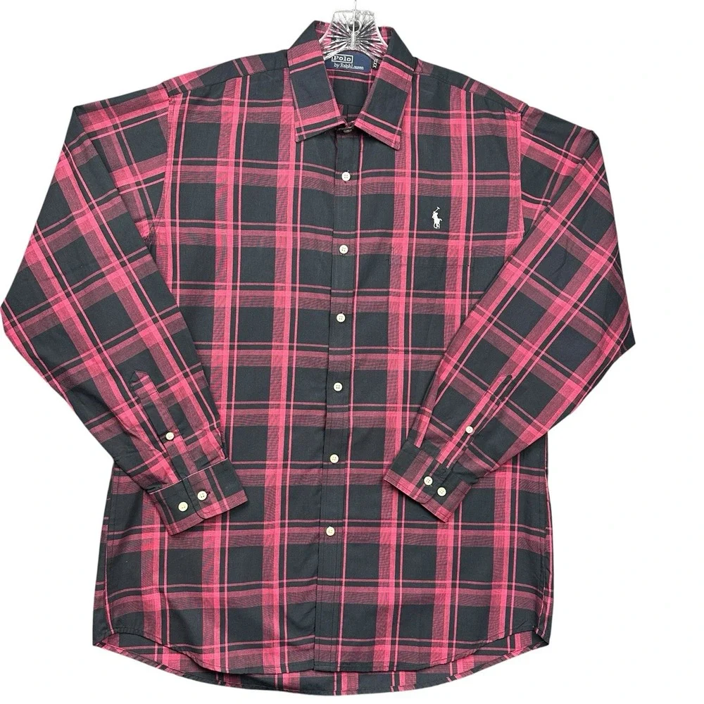 Polo Ralph Lauren Shirt Men's 2XL Pink Black Plaid Long Sleeve Button Down Pony